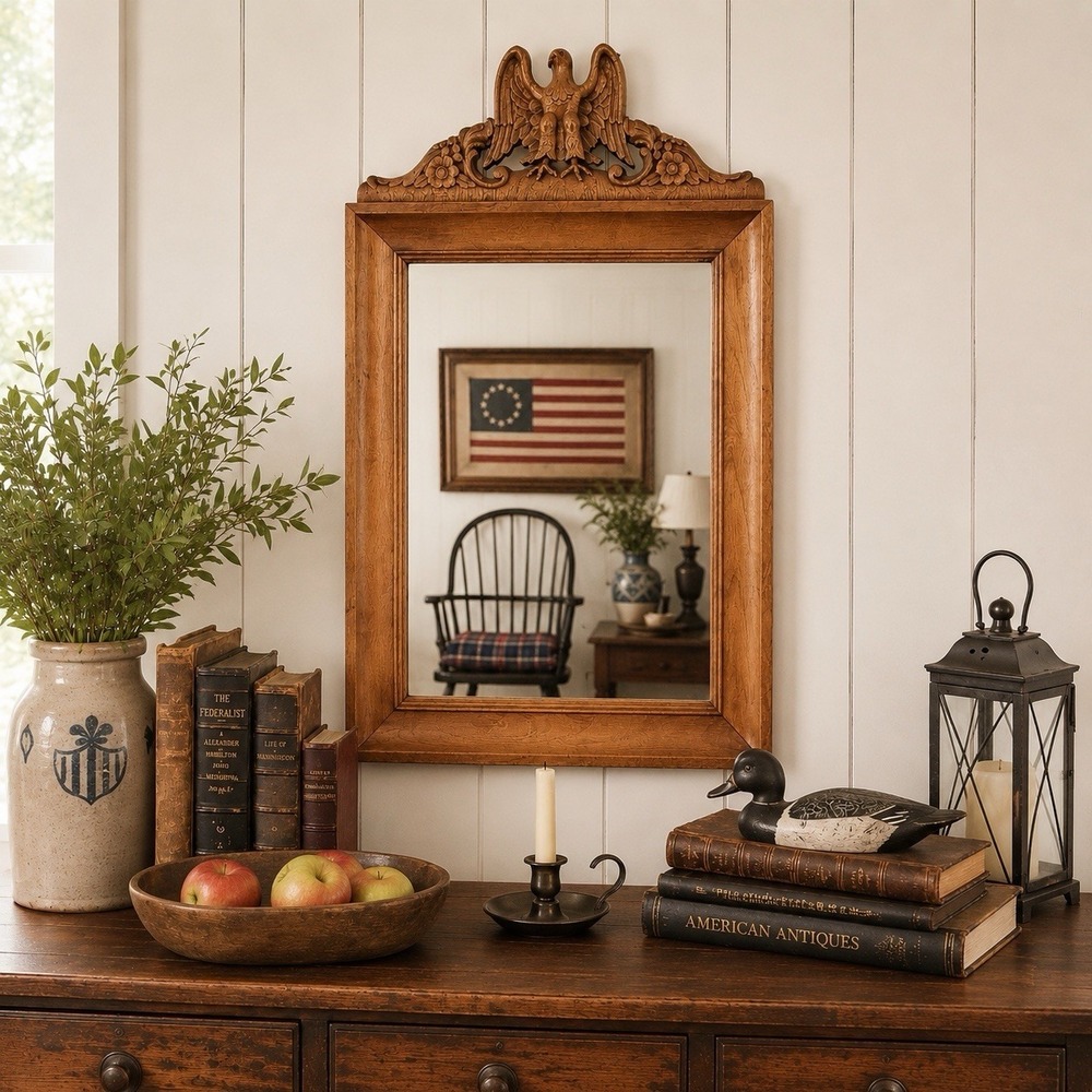 Vintage Rock Maple Eagle Mirror Carved  French Colonial Revival Wall Decor MCM